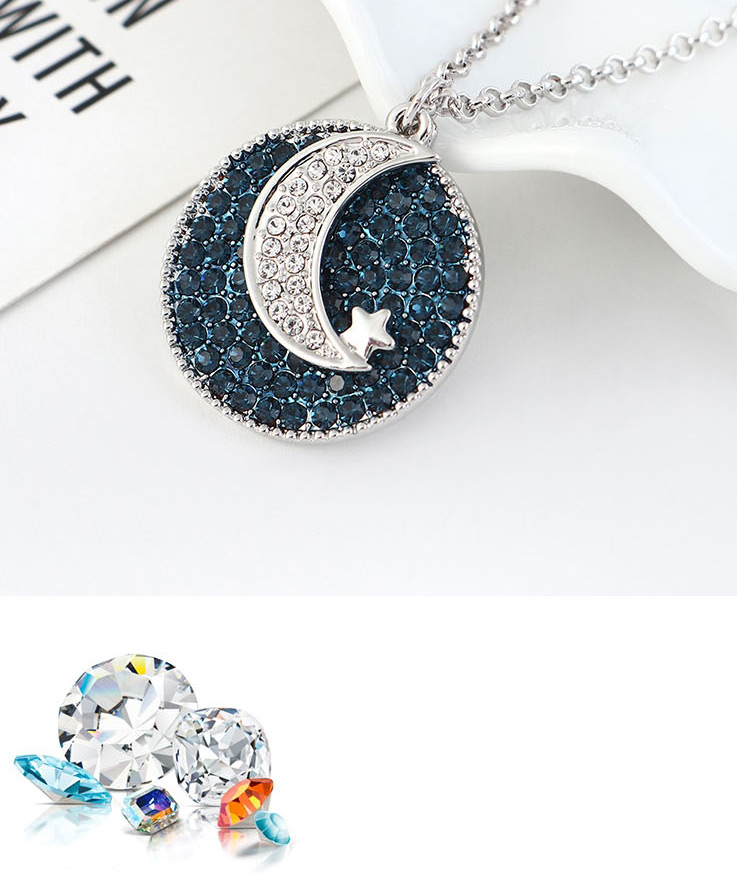 Fashion Navy Blue Imported Crystal Pentagram Moon Geometric Round Necklace,Crystal Necklaces