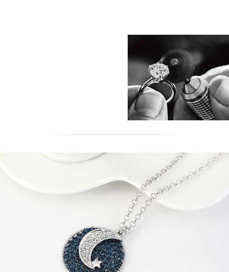 Fashion Navy Blue Imported Crystal Pentagram Moon Geometric Round Necklace,Crystal Necklaces