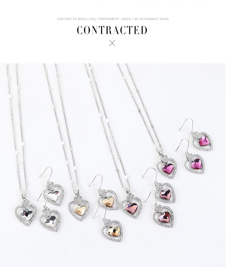 Fashion White Crystal Diamond Love Hollow Alloy Earring Necklace Set,Crystal Necklaces