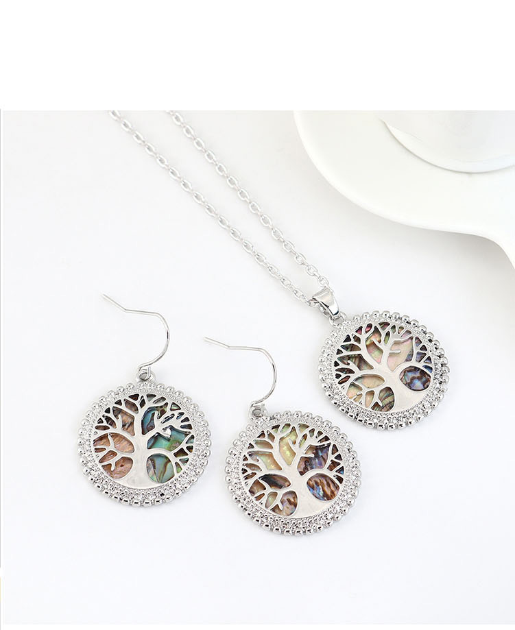 Fashion 14k Gold Real Gold Plated Lucky Tree Hollow Geometric Round Earring Necklace Set,Crystal Necklaces