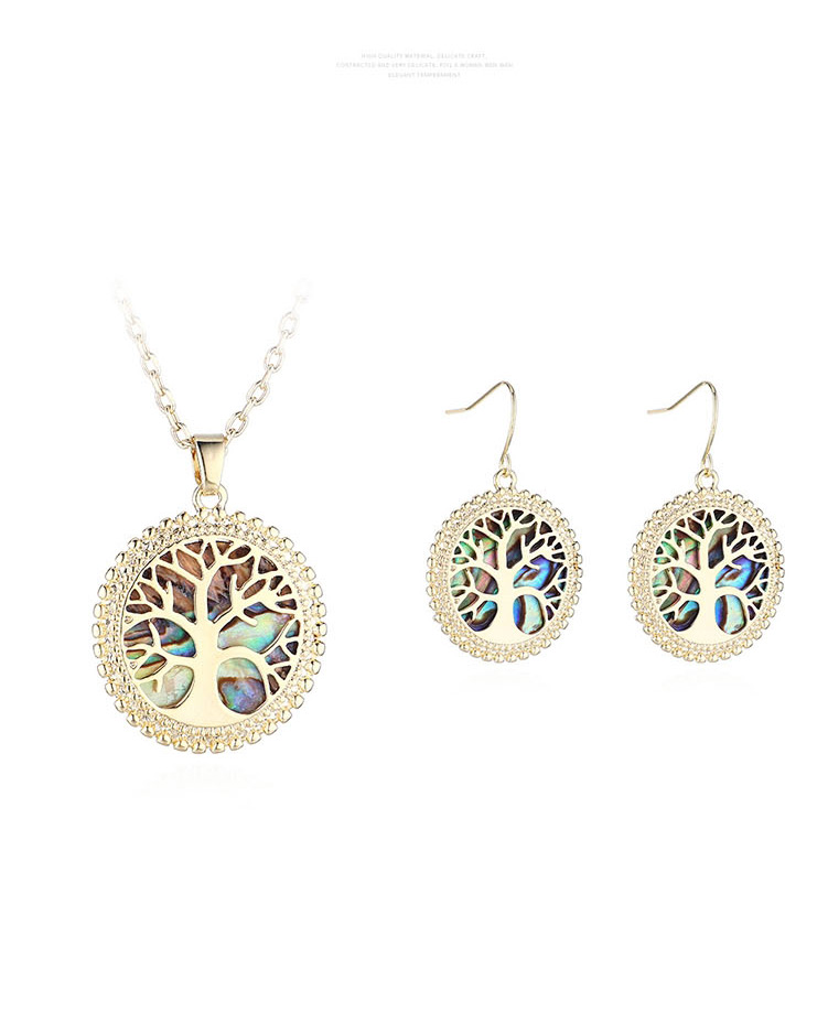 Fashion Platinum Real Gold Plated Lucky Tree Hollow Geometric Round Earring Necklace Set,Crystal Necklaces