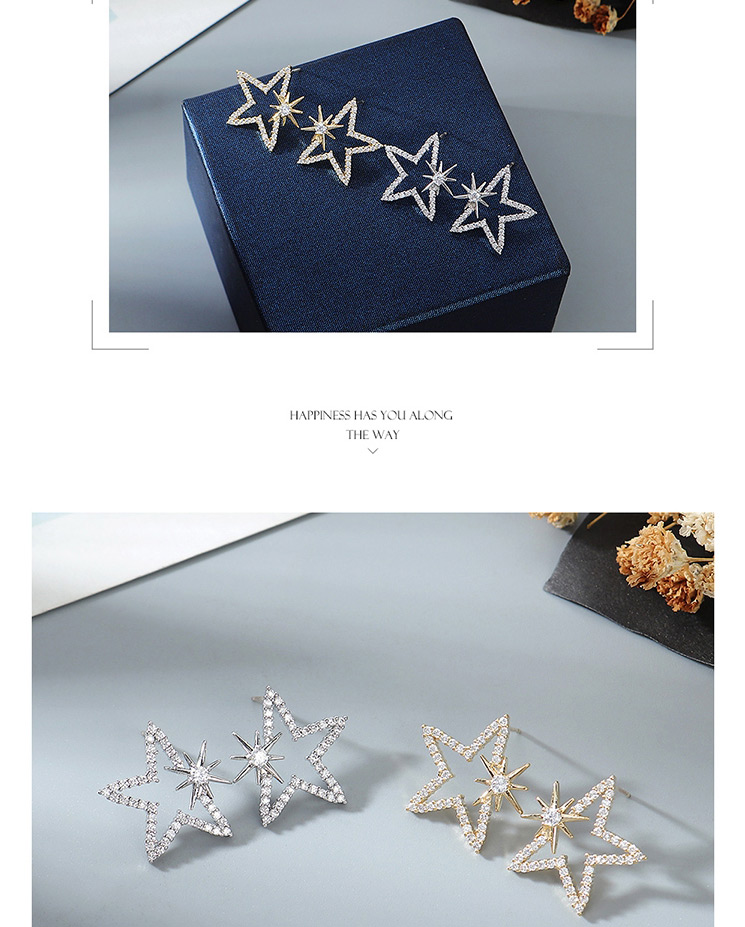 Fashion 14k Gold Star-shaped Earrings With Zircon-set Geometric Alloy,Stud Earrings