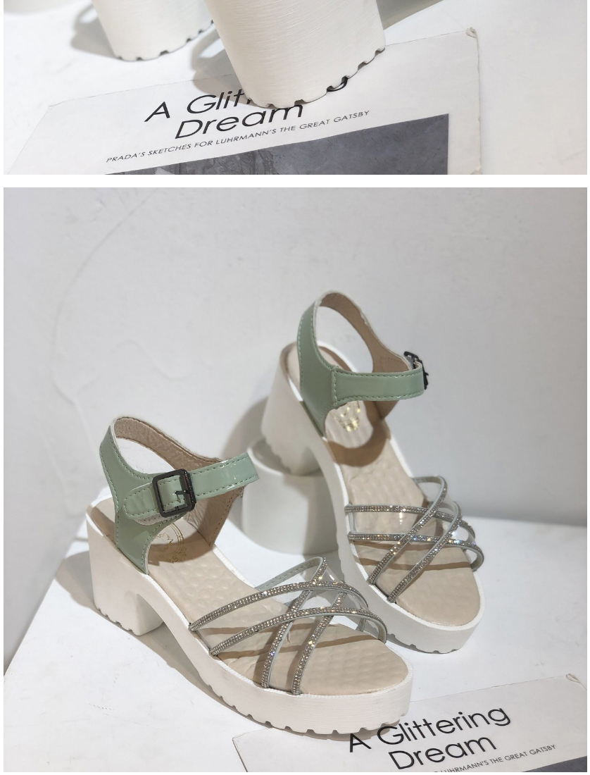 Fashion Light Green Rhinestone Cross Transparent Belt Block Heel High Heel Sandals,Slippers