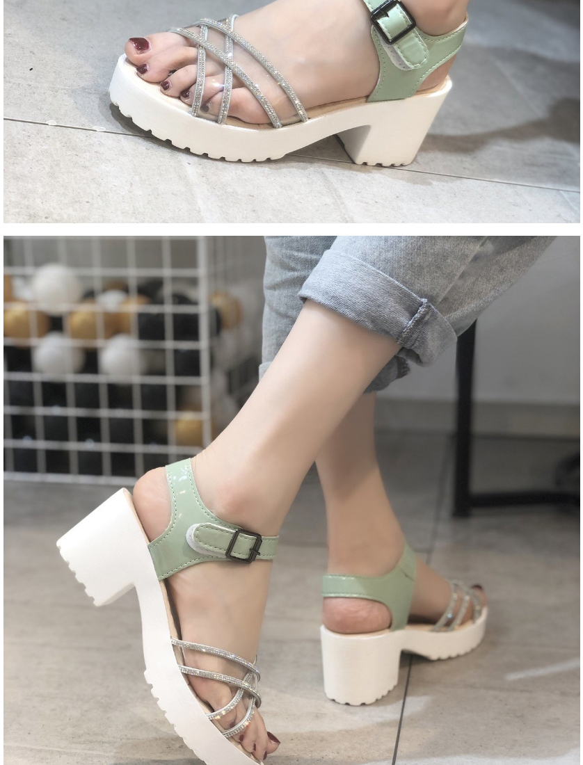 Fashion Light Green Rhinestone Cross Transparent Belt Block Heel High Heel Sandals,Slippers