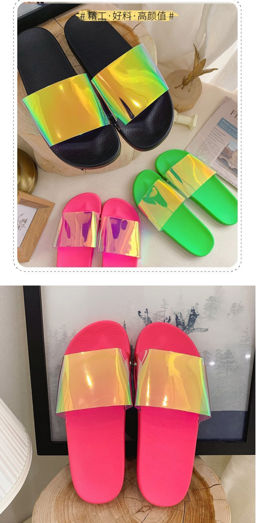 Fashion Green Rainbow Word Beach Slippers,Slippers