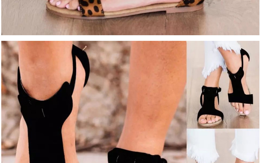 Fashion Black Flat Open Toe Leopard Sandals,Slippers