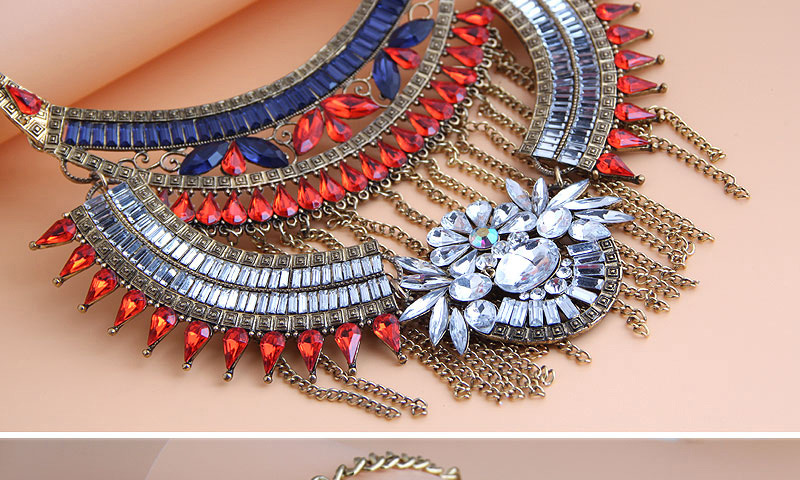 Fashion Red Diamond Flower Tassel Alloy Necklace Earring Set,Jewelry Sets
