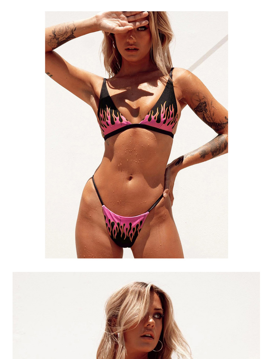 Fashion Pink Flame Print Contrast Color Split Swimsuit,Bikini Sets