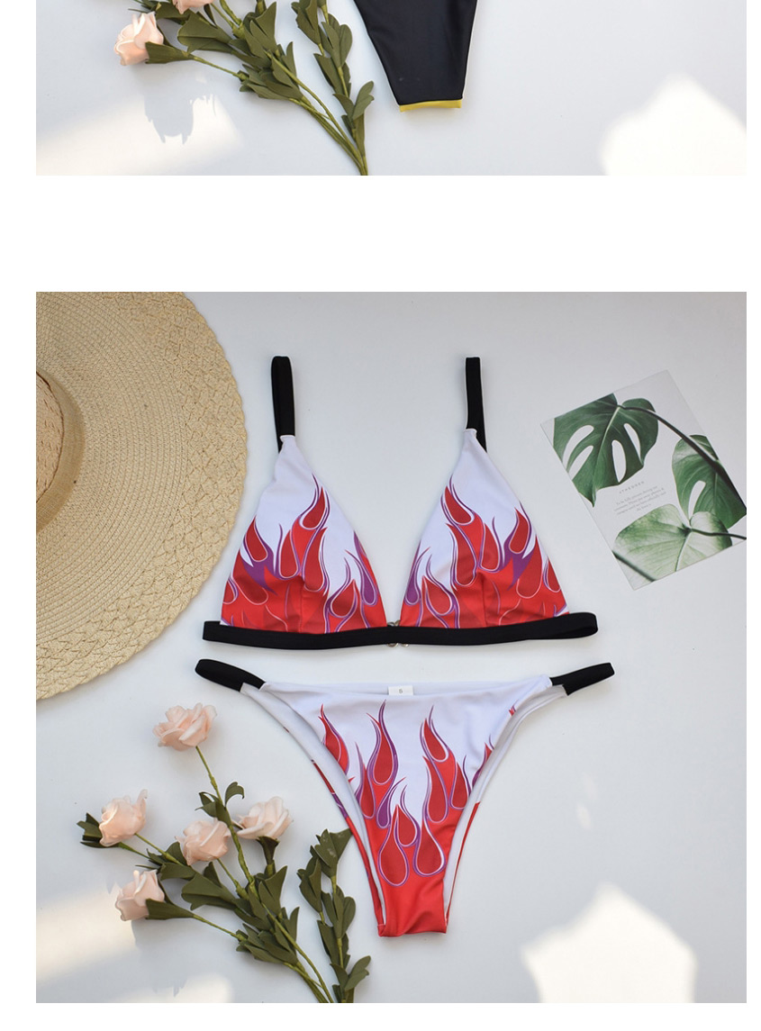 Fashion Red Flame Print Contrast Color Split Swimsuit,Bikini Sets
