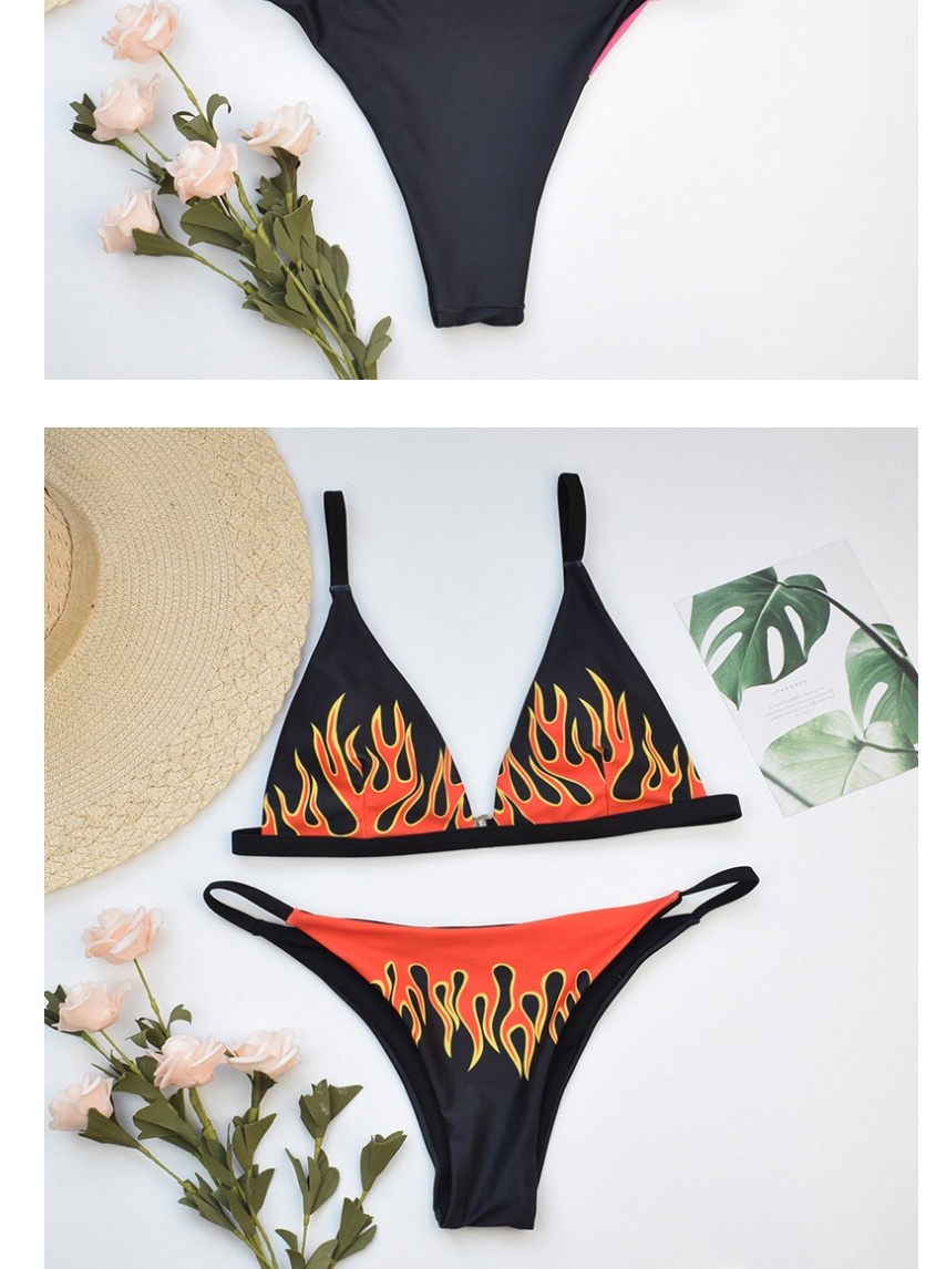 Fashion Pink Flame Print Contrast Color Split Swimsuit,Bikini Sets