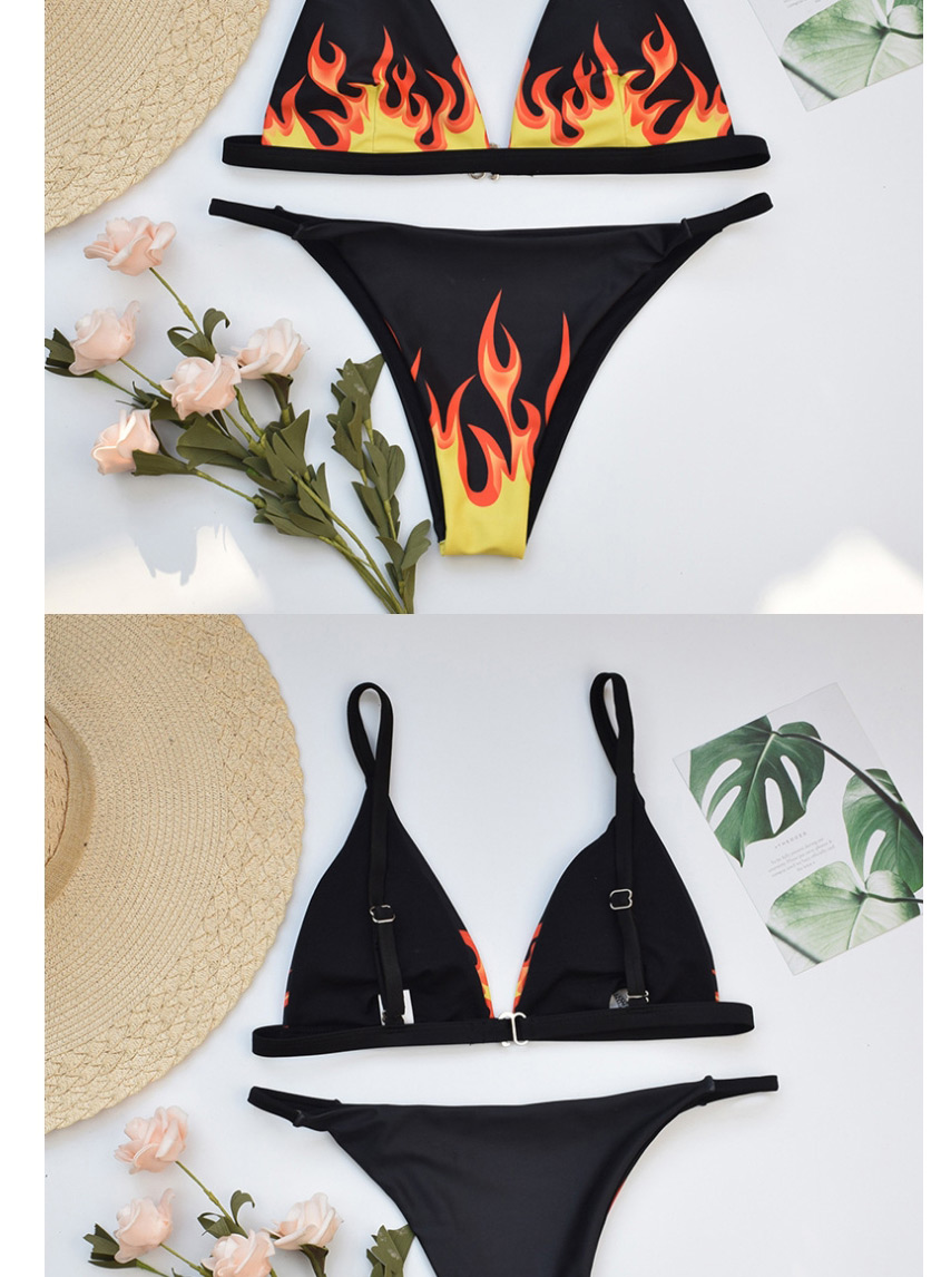 Fashion White Flame Print Contrast Color Split Swimsuit,Bikini Sets