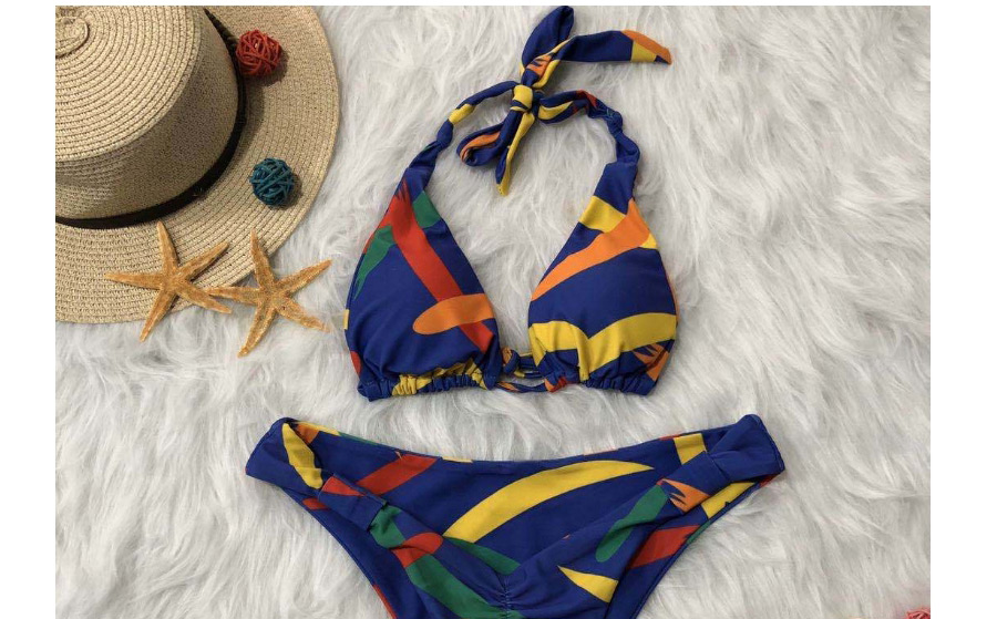 Fashion Blue Print Printed Tether Knotted Contrast Swimsuit,Bikini Sets