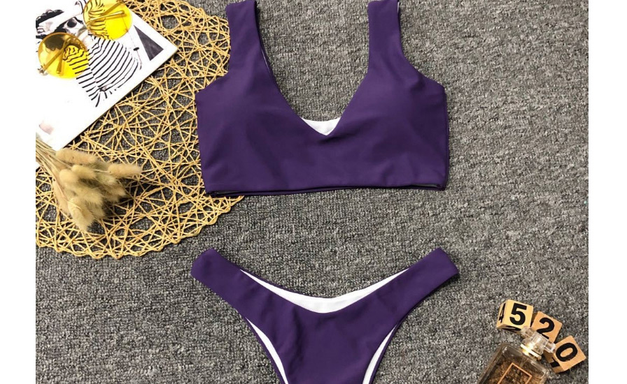 Fashion Purple Deep V-neck Solid Color Split Swimsuit,Bikini Sets