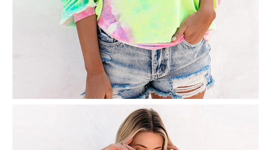 Fashion Fluorescent Green Pink Tie-dyed Loose Pullover Round Neck Long Sleeve Sweater,Tank Tops & Camis