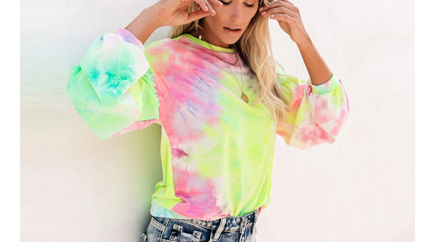 Fashion Fluorescent Green Pink Tie-dyed Loose Pullover Round Neck Long Sleeve Sweater,Tank Tops & Camis