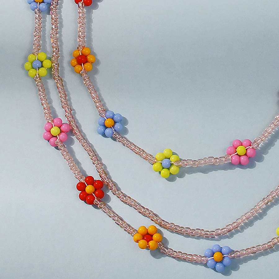 Fashion Color Rice Bead Braided Flower Beaded Multi-layer Necklace,Multi Strand Necklaces