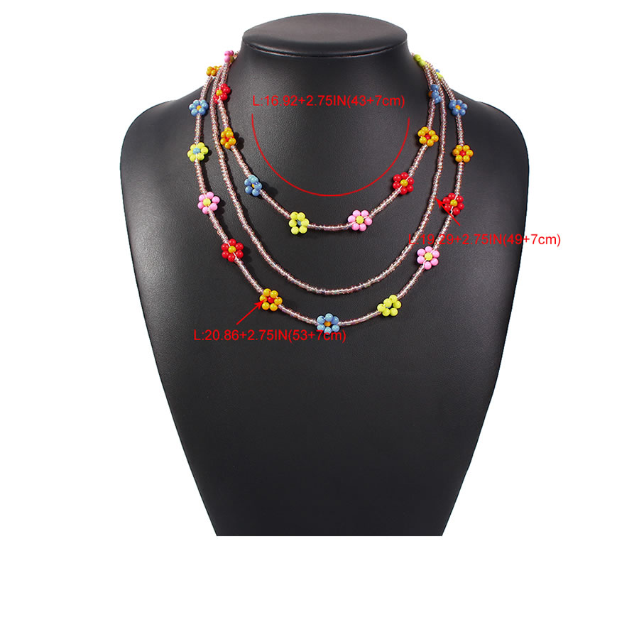 Fashion Color Rice Bead Braided Flower Beaded Multi-layer Necklace,Multi Strand Necklaces