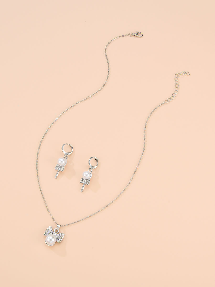 Fashion Silver Alloy Diamond Pearl Bow Necklace Earrings,Jewelry Sets