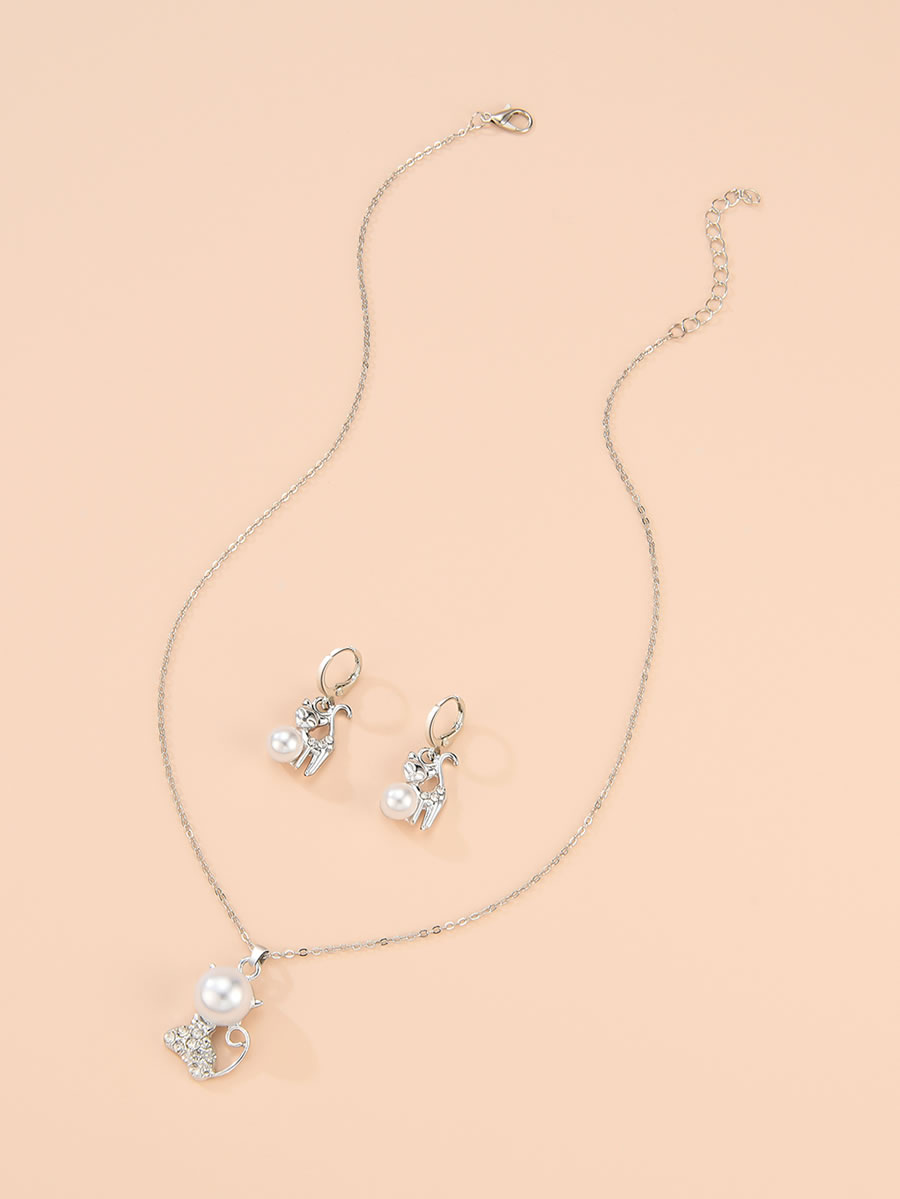 Fashion Silver Alloy Diamond Pearl Cat Necklace Earrings,Jewelry Sets