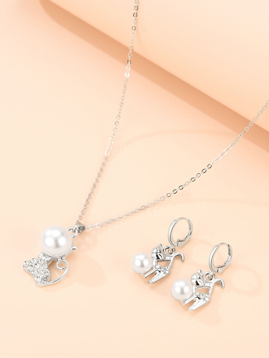 Fashion Silver Alloy Diamond Pearl Cat Necklace Earrings,Jewelry Sets