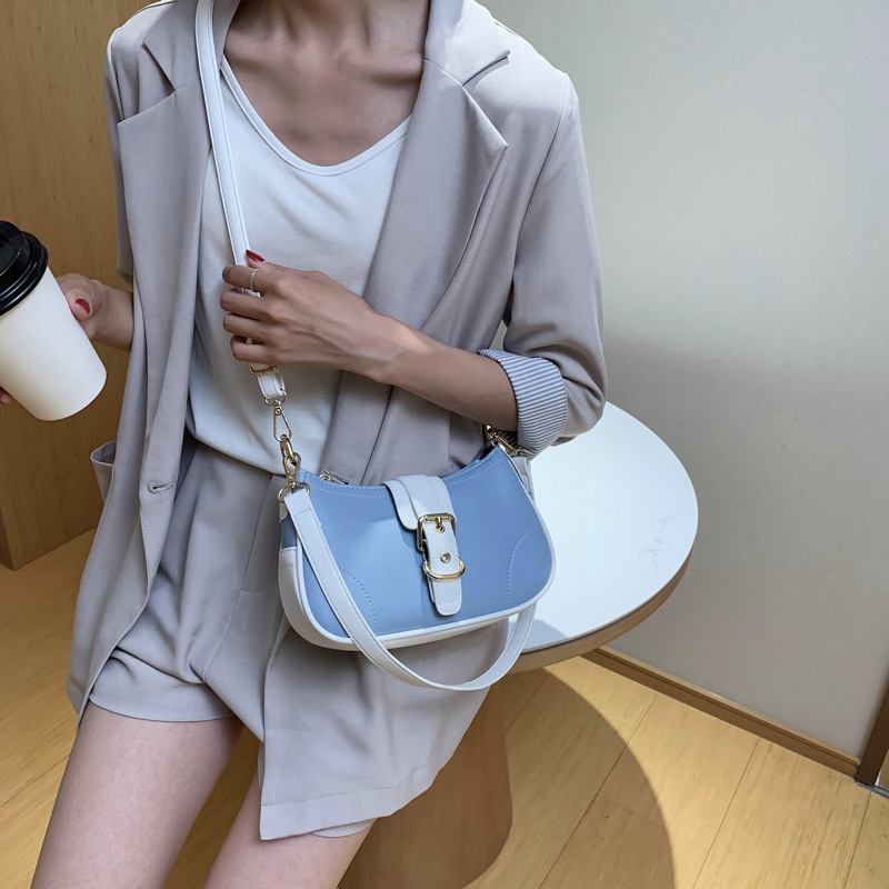 Fashion Blue One-shoulder Crossbody Bag With Stitching And Contrast Belt Buckle,Shoulder bags