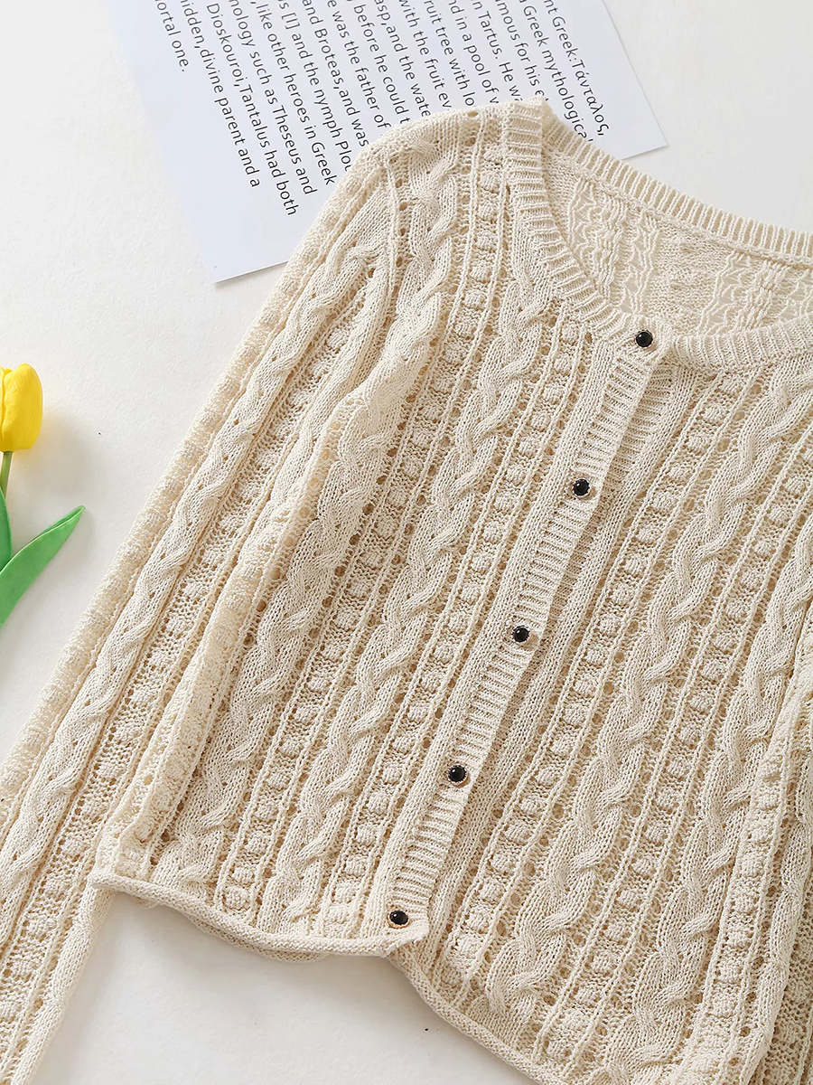Fashion Beige Jacquard Mesh Cutout Knitted Jacket,Sweater