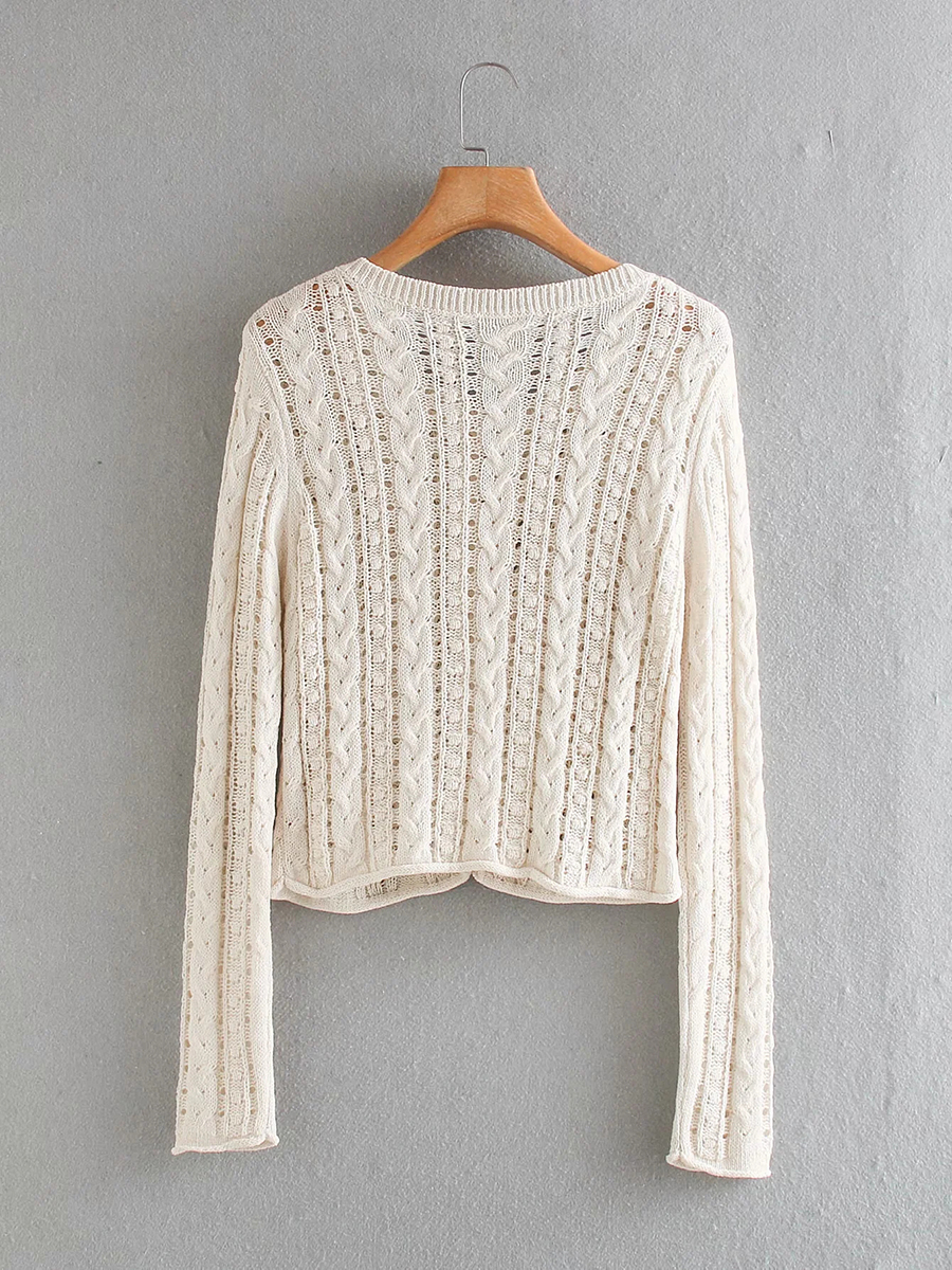 Fashion Beige Jacquard Mesh Cutout Knitted Jacket,Sweater