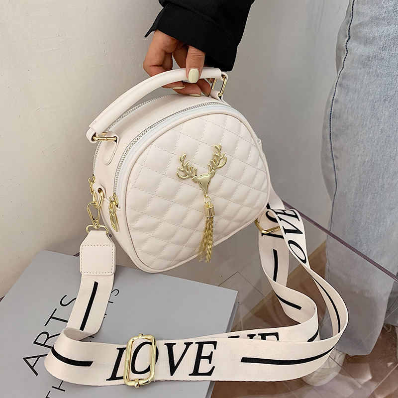 Fashion White Fawn Wide Shoulder Strap Tassel Letter Shoulder Bag,Shoulder bags