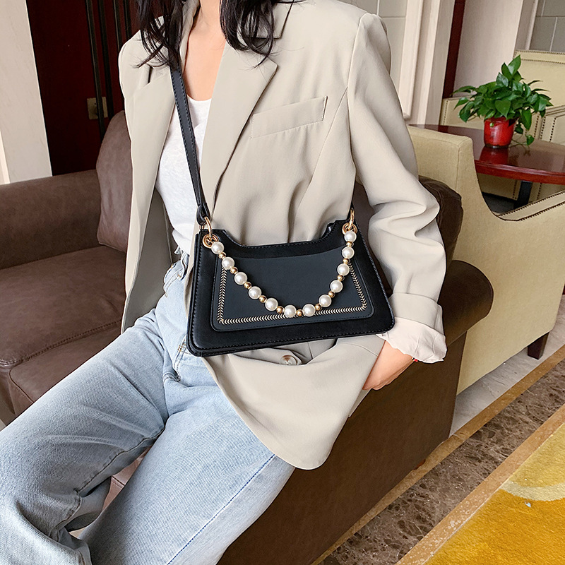 Fashion Black Contrast Contrast Pearl Chain Shoulder Bag,Shoulder bags