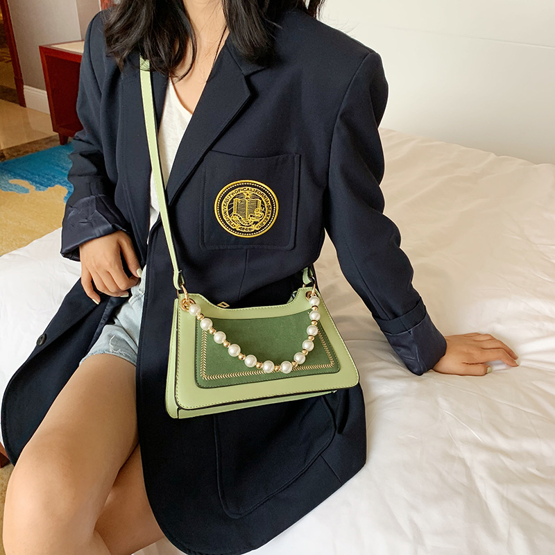 Fashion Green Contrast Contrast Pearl Chain Shoulder Bag,Shoulder bags
