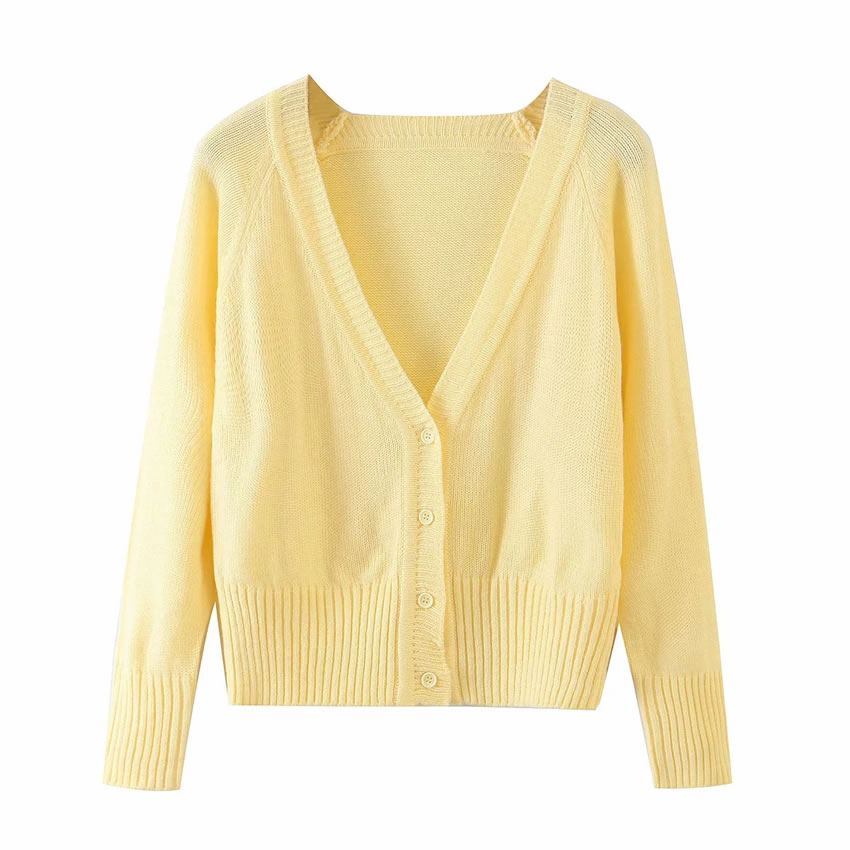 Fashion Yellow Single-breasted Sweater With Deep V-neck,Sweater