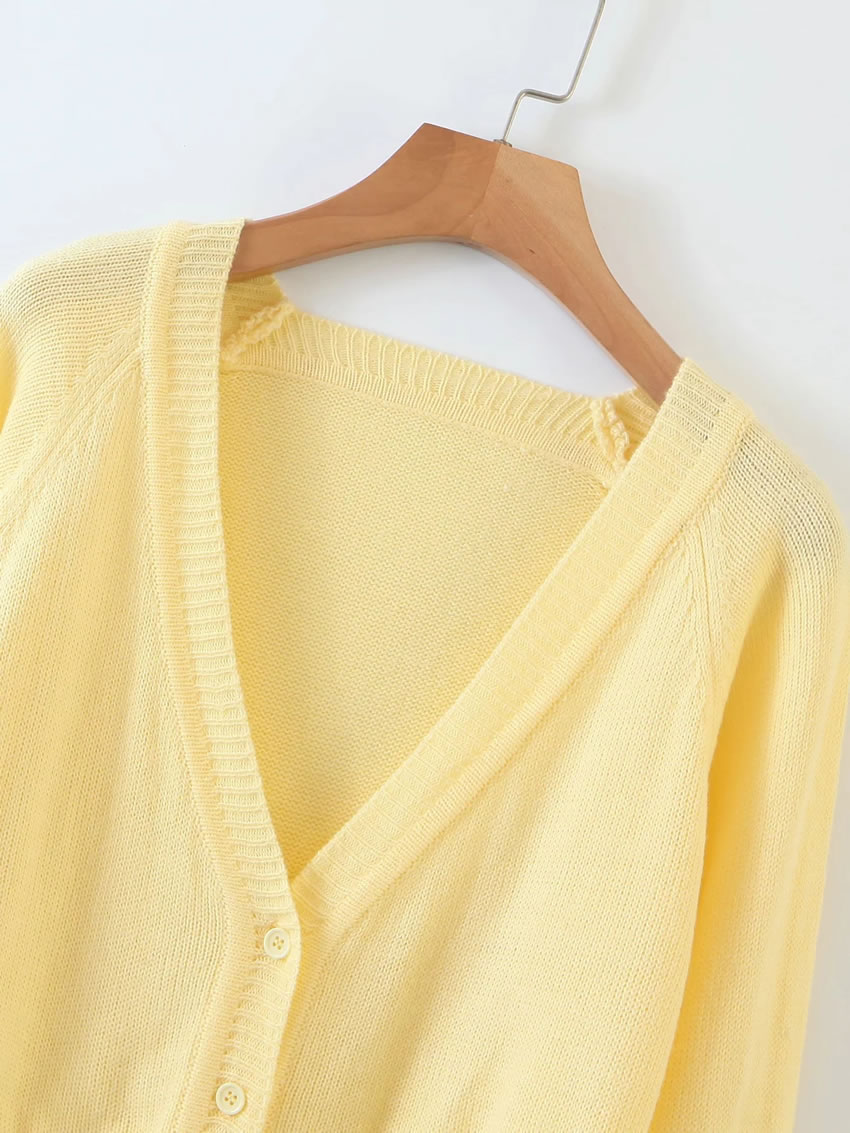 Fashion Yellow Single-breasted Sweater With Deep V-neck,Sweater