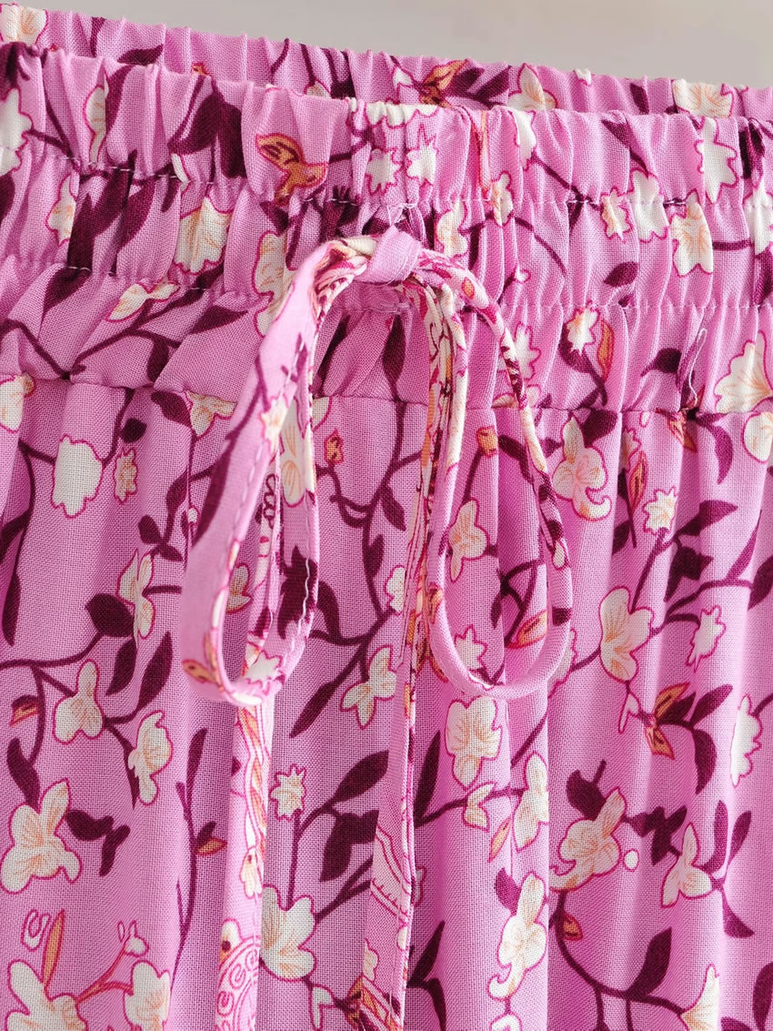 Fashion Pink Print Printed Tethered Vest Suspender Top Elastic Waist Skirt Suit,Tank Tops & Camis