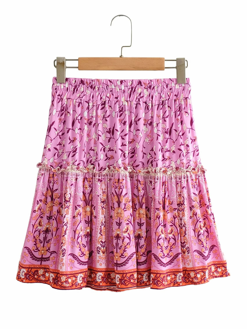 Fashion Pink Print Printed Tethered Vest Suspender Top Elastic Waist Skirt Suit,Tank Tops & Camis