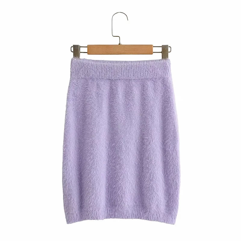 Fashion Purple Imitation Mink Velvet Elastic Waist Solid Color Skirt,Skirts