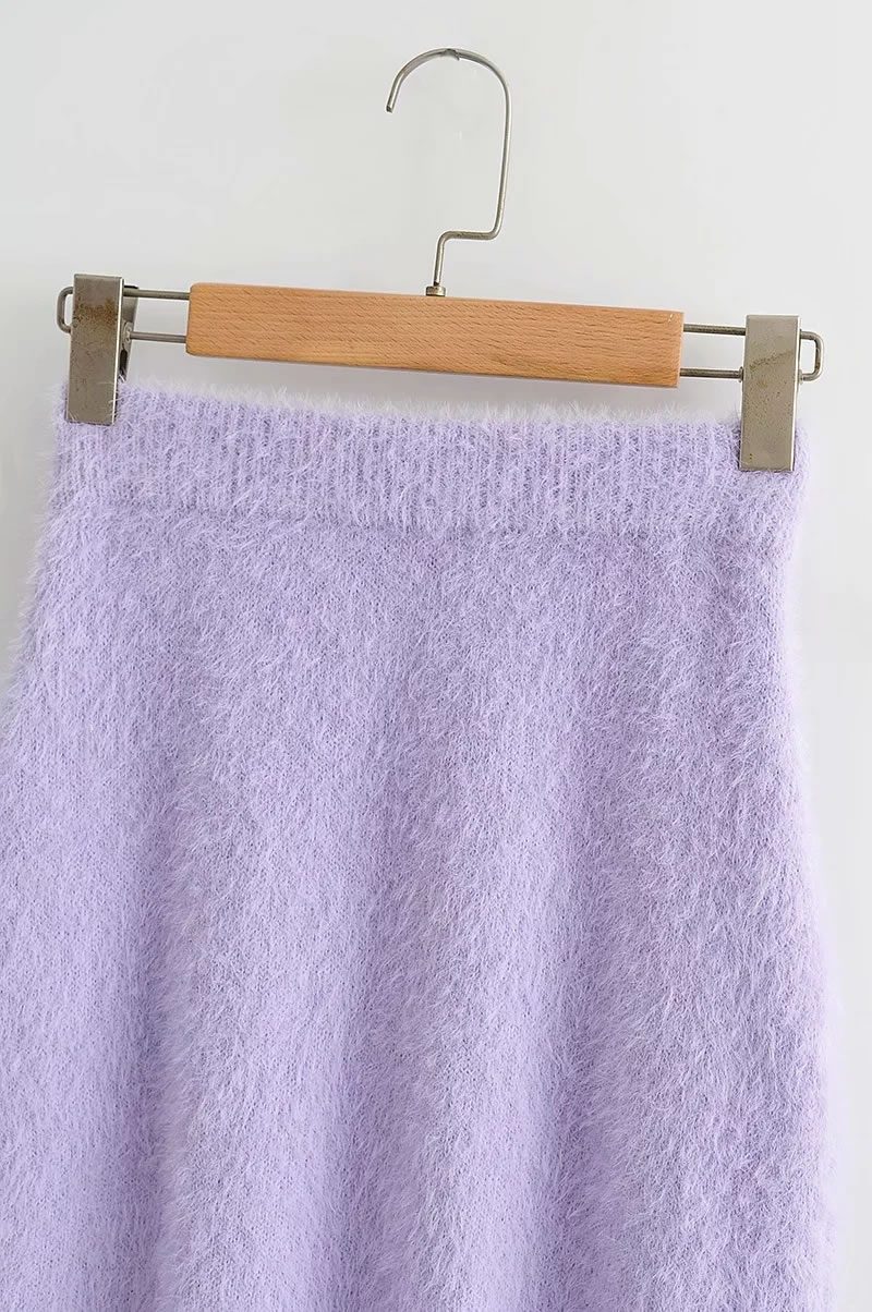 Fashion Purple Imitation Mink Velvet Elastic Waist Solid Color Skirt,Skirts