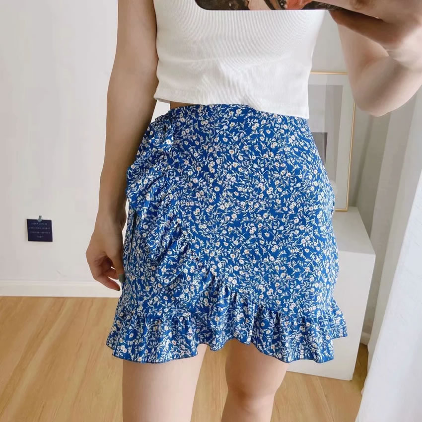 Fashion Blue Printed Ruffled Cross Skirt With Lace At Waist,Skirts