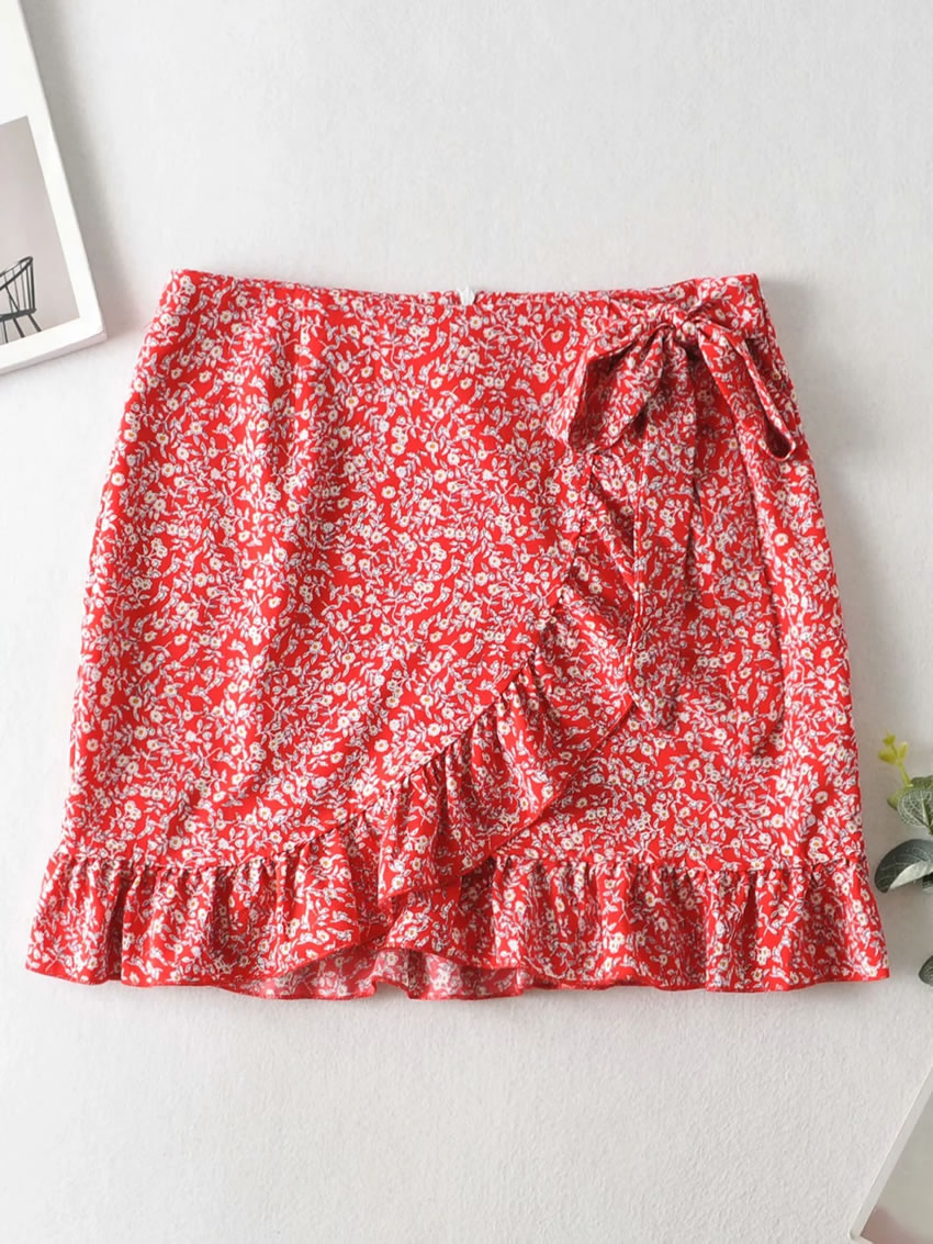 Fashion Red Printed Ruffled Cross Skirt With Lace At Waist,Skirts