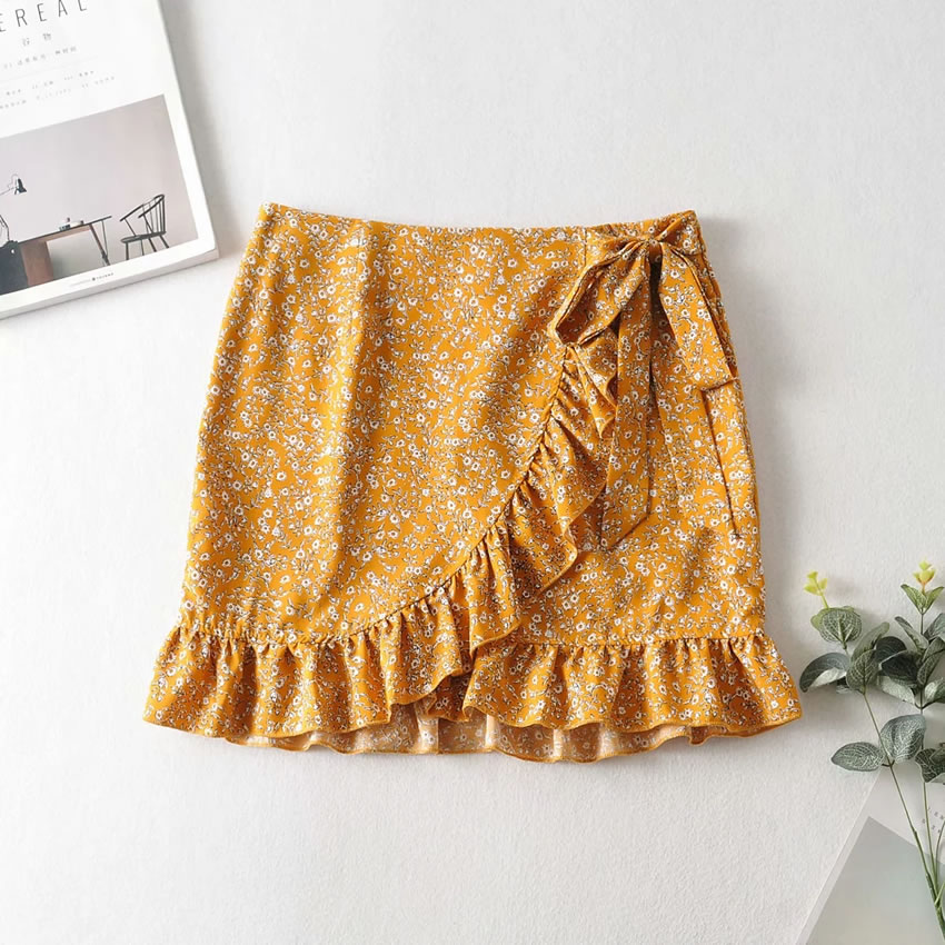 Fashion Yellow Printed Ruffled Cross Skirt With Lace At Waist,Skirts