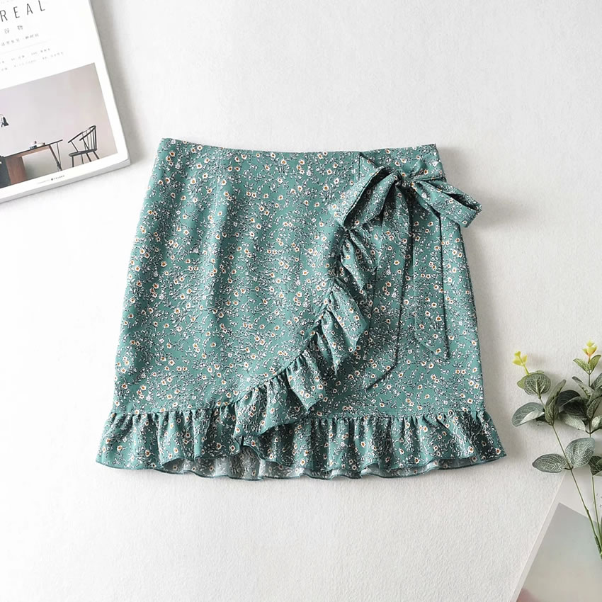 Fashion Blue Printed Ruffled Cross Skirt With Lace At Waist,Skirts