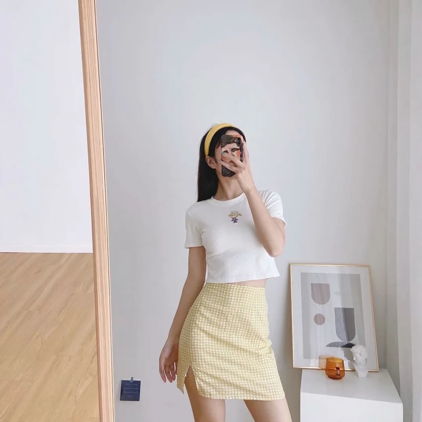 Fashion Yellow Grid Check Slit Skirt,Skirts