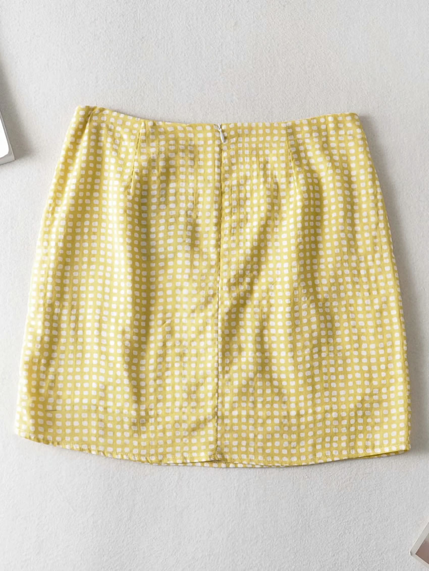 Fashion Yellow Grid Check Slit Skirt,Skirts