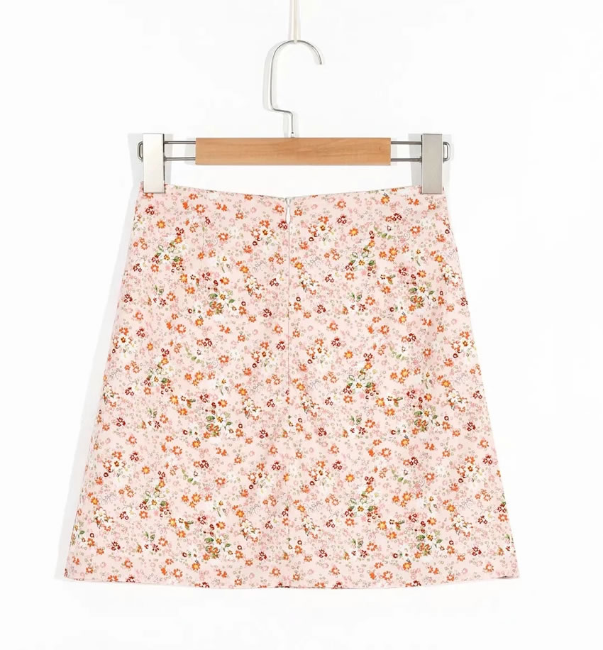 Fashion Pink Floral Printed Slit Skirt,Skirts
