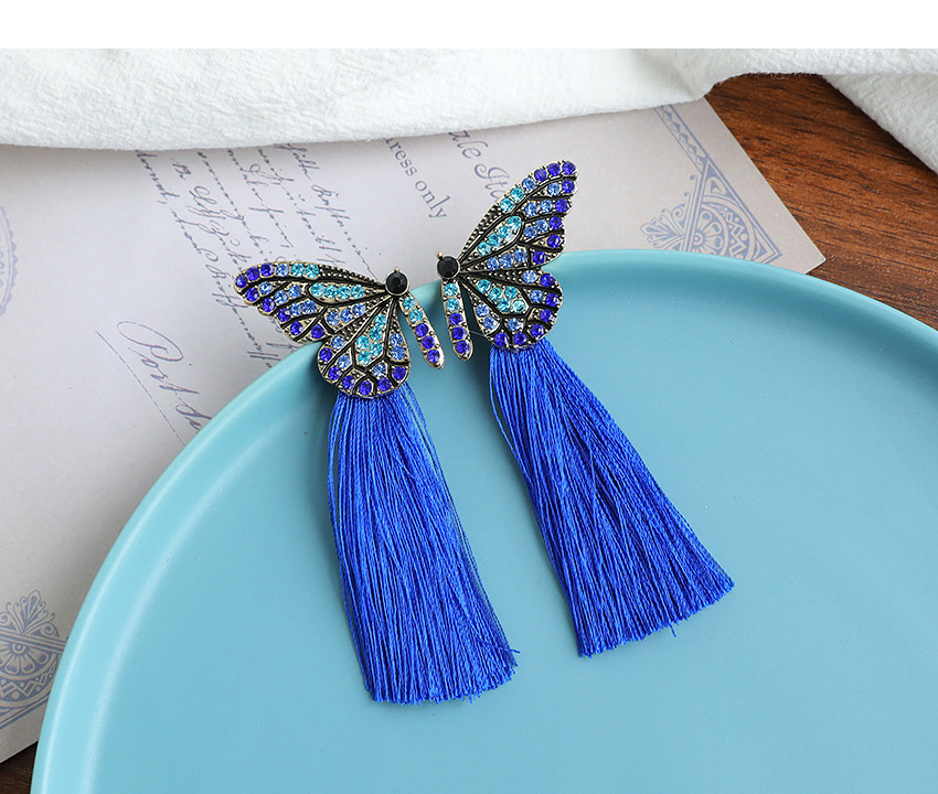 Fashion Royal Blue Butterfly Tassel Earrings With Alloy Diamonds,Drop Earrings