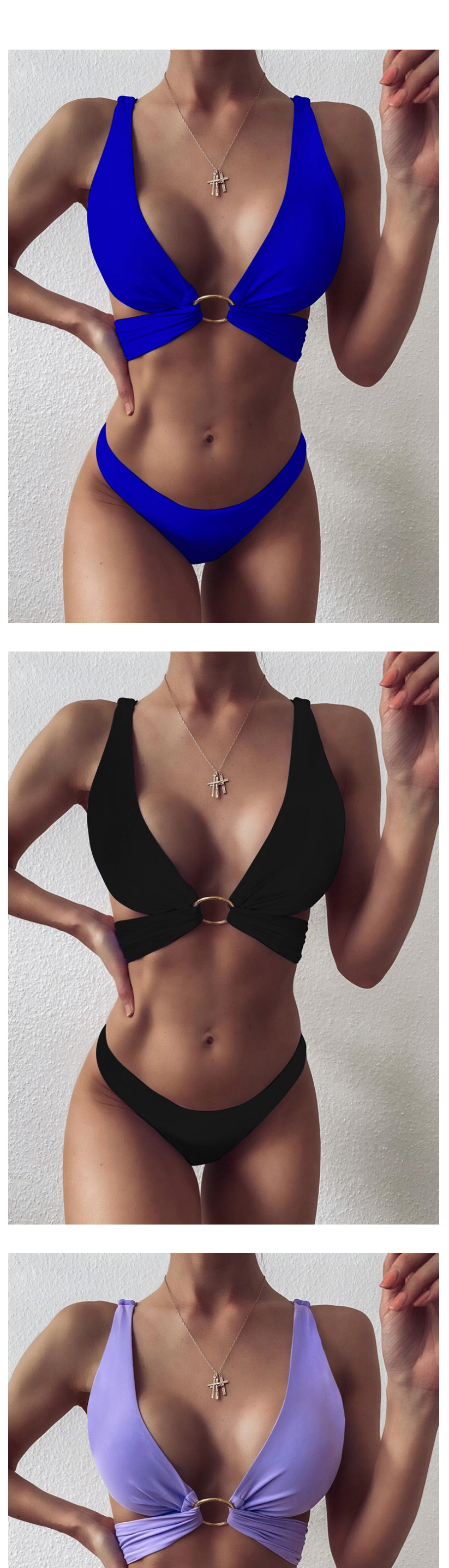 Fashion Printing Solid Color Metal Ring Hollow Double-sided Split Swimsuit,Bikini Sets
