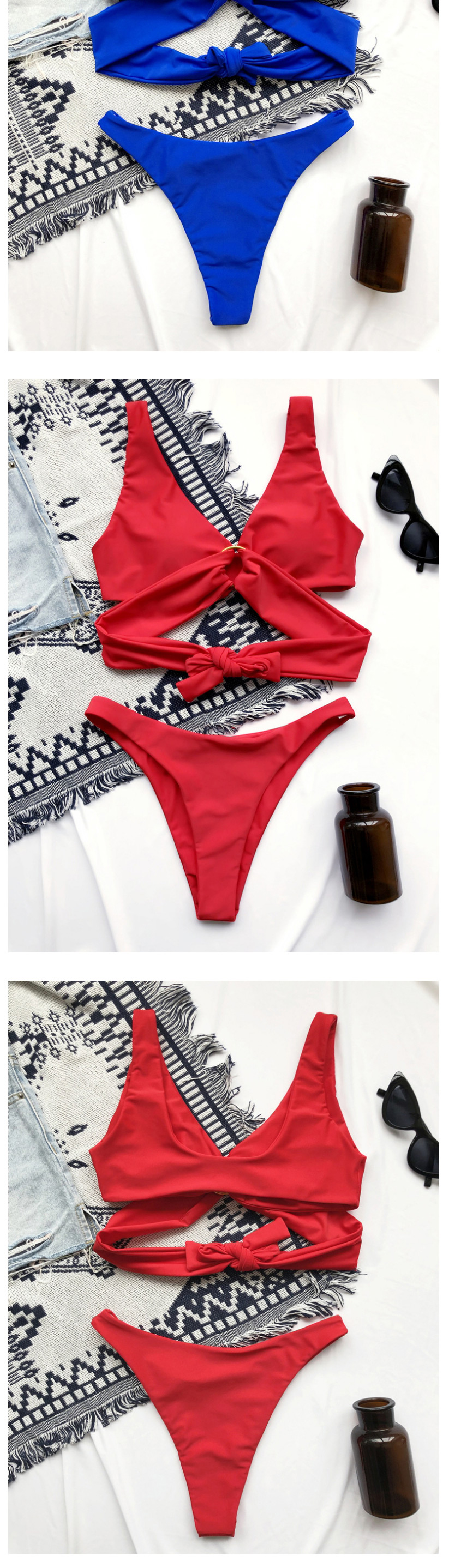 Fashion White Solid Color Metal Ring Hollow Double-sided Split Swimsuit,Bikini Sets