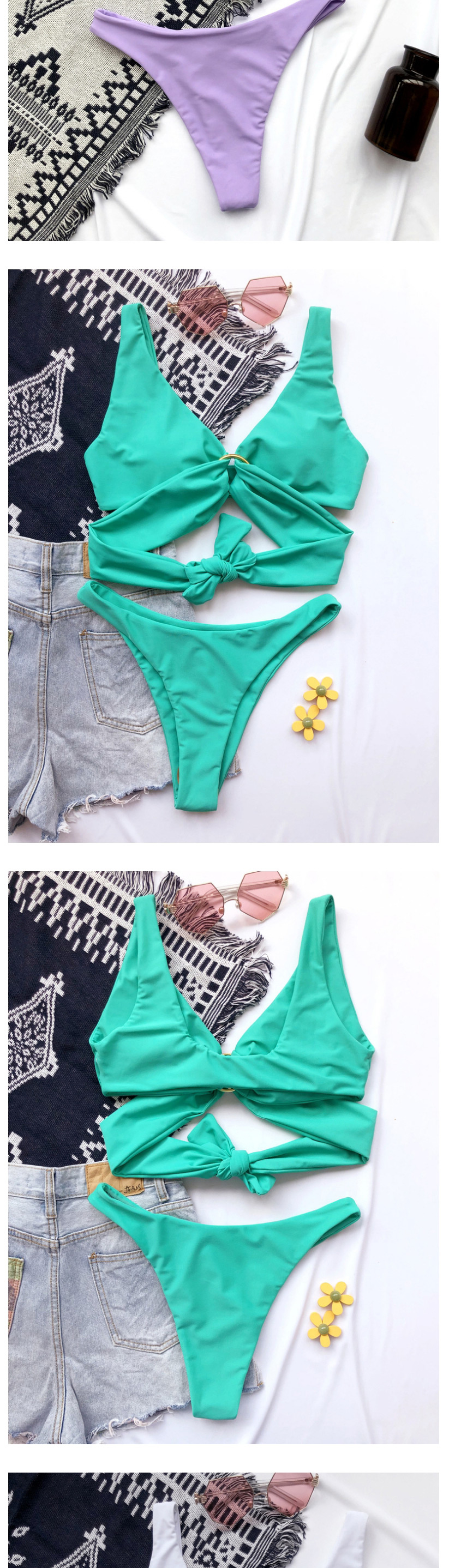 Fashion Printing Solid Color Metal Ring Hollow Double-sided Split Swimsuit,Bikini Sets