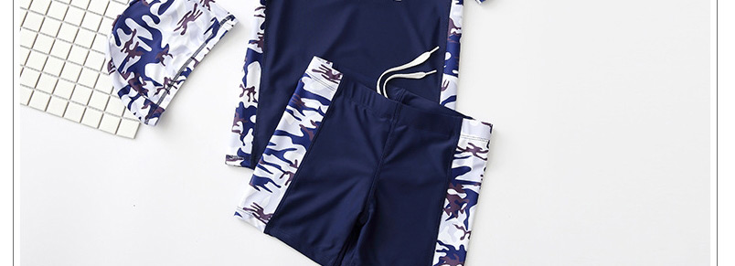 Fashion Navy Blue Camouflage (three-piece Set) Alphabet Printing Contrast Childrens Swimwear Swimming Trunks Swimming Cap,Kids Swimwear