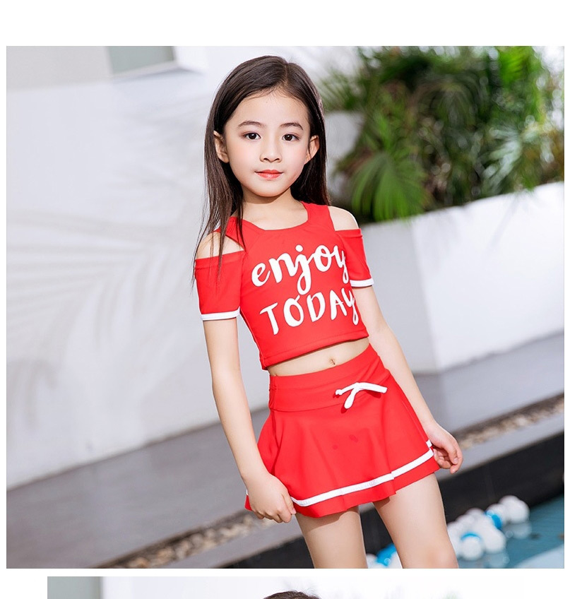 Fashion Red Alphabet Print Off-shoulder Childrens Split Swimsuit,Kids Swimwear