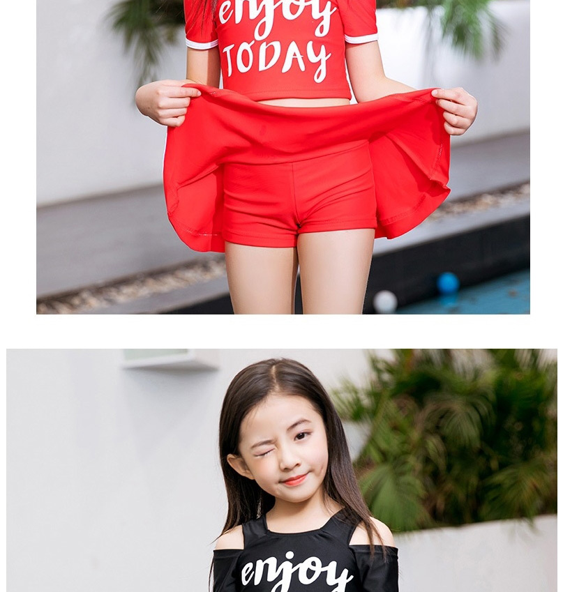 Fashion Red Alphabet Print Off-shoulder Childrens Split Swimsuit,Kids Swimwear